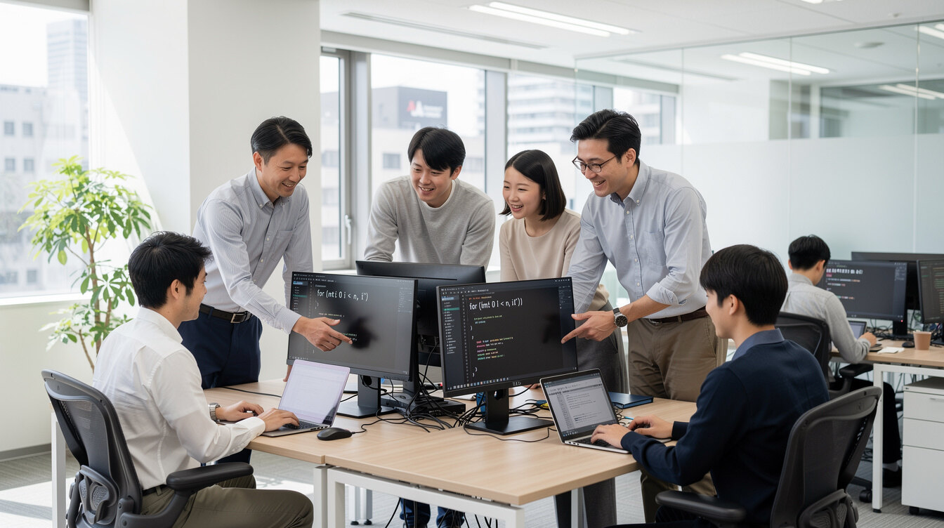 Japanese software engineers collaborating around laptops in a modern office